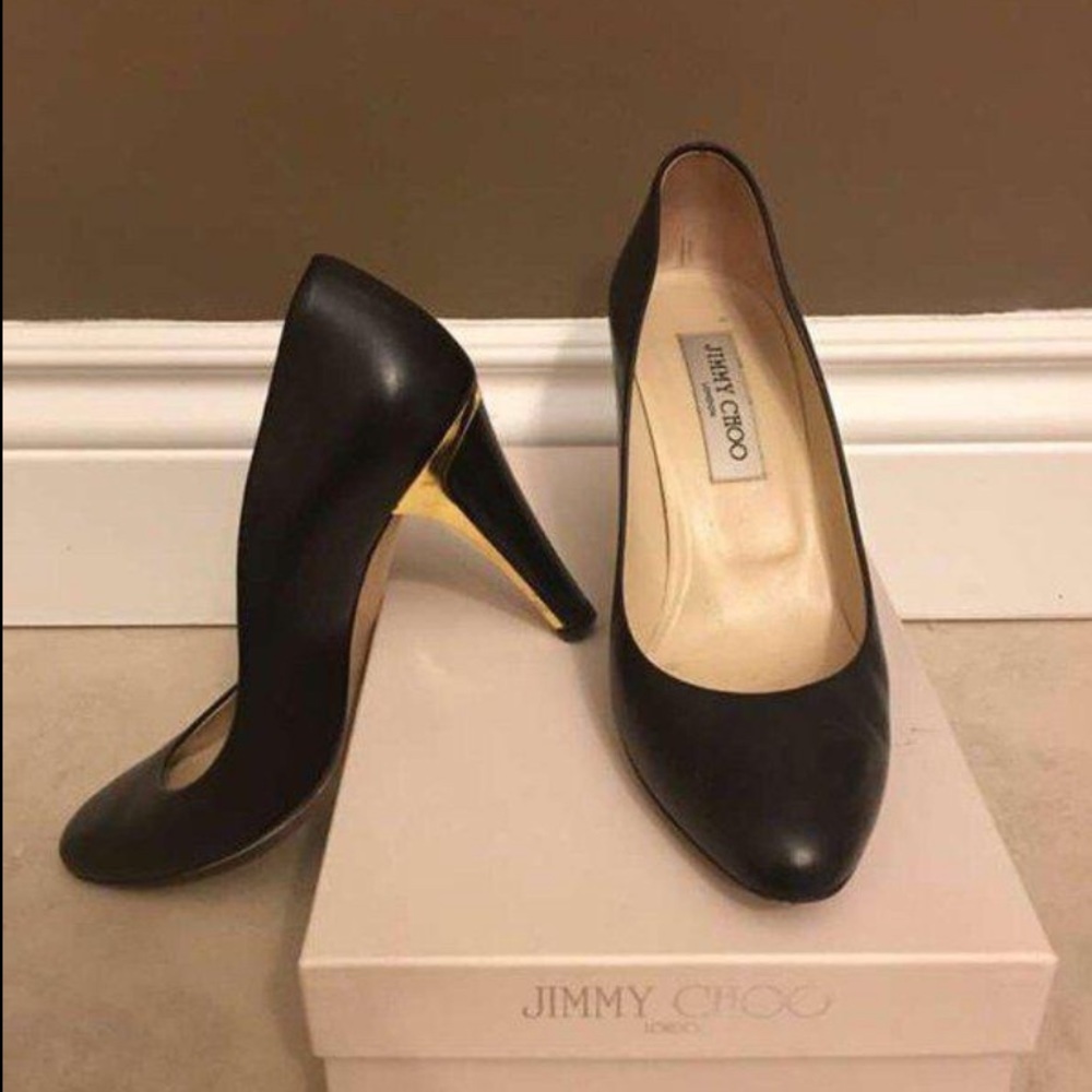 Black Leather Gold Metal Jimmy Choo Heels Size 37
